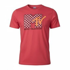 MTV Men's Red Retro Checkered Logo Graphic T-Shirt Size L Short Sleeve